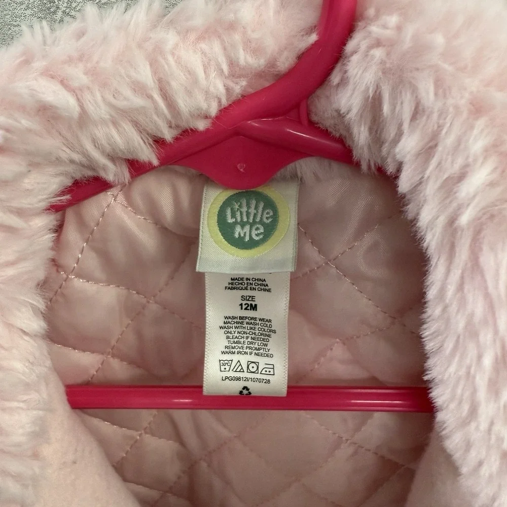 LITTLE ME Pink Felt Pea Coat 12M Bow Faux Fur Babydoll Quilted Lining Warm Fuzzy